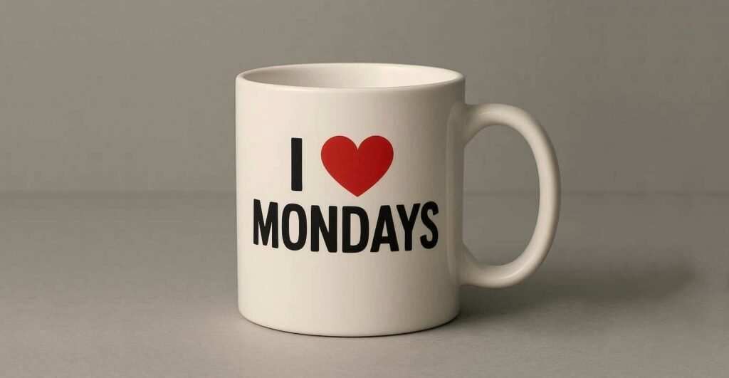 A white ceramic mug reading 'I love Mondays' used as a symbol of corporate exhaustion and toxic workplace productivity. A mug illustrating the irony of trying harder to fix generational workplace burnout.